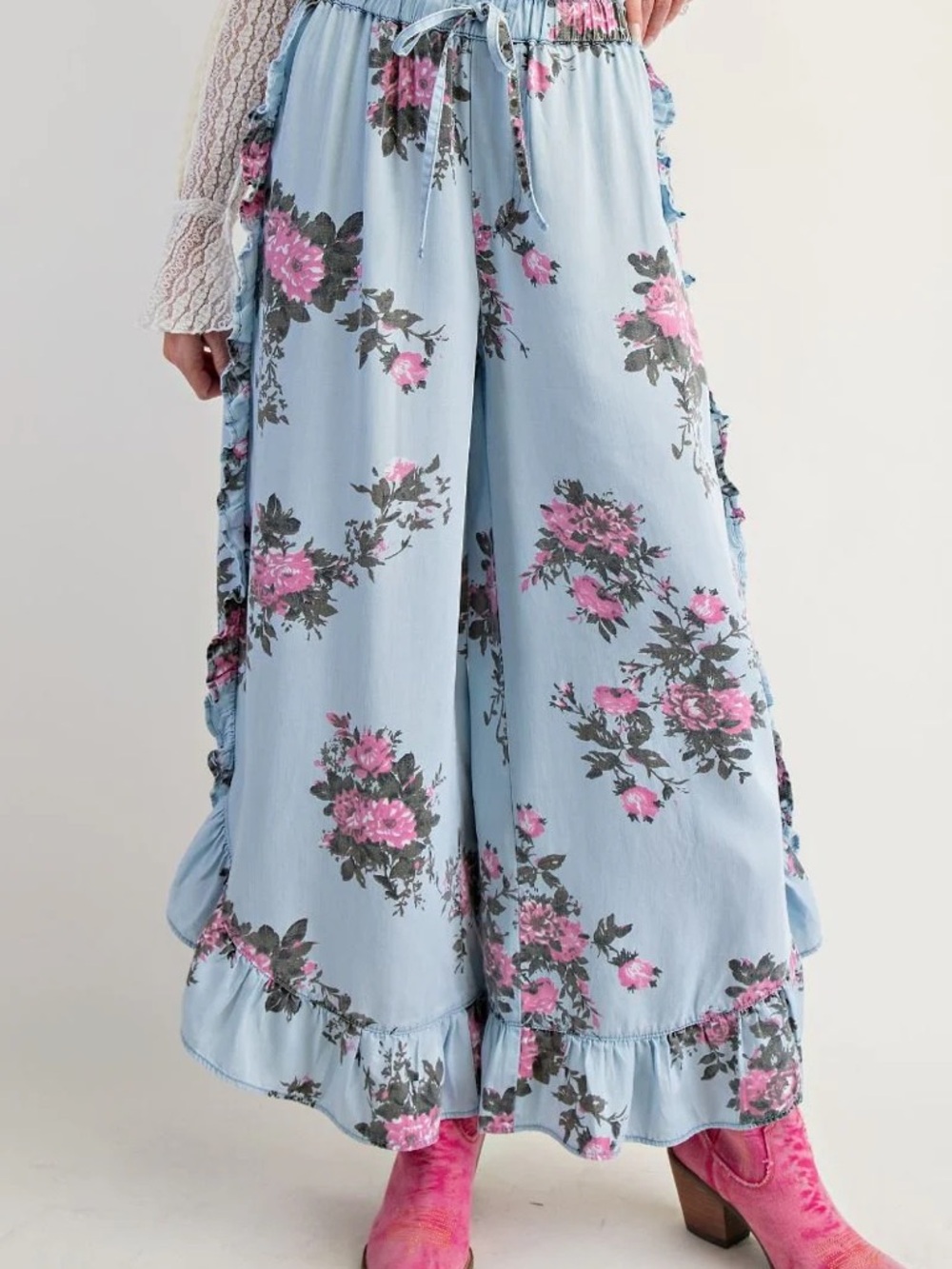 easel Sky Blue Wide-Leg Floral 100% Tencel Pants with Pink Roses